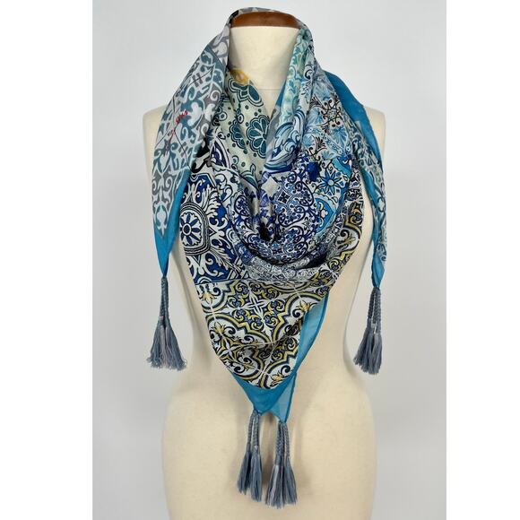 Johnny Was Silk Tassel Scarf Patchwork Mixed Print Square Wrap Blue Gray Green - Picture 2 of 12